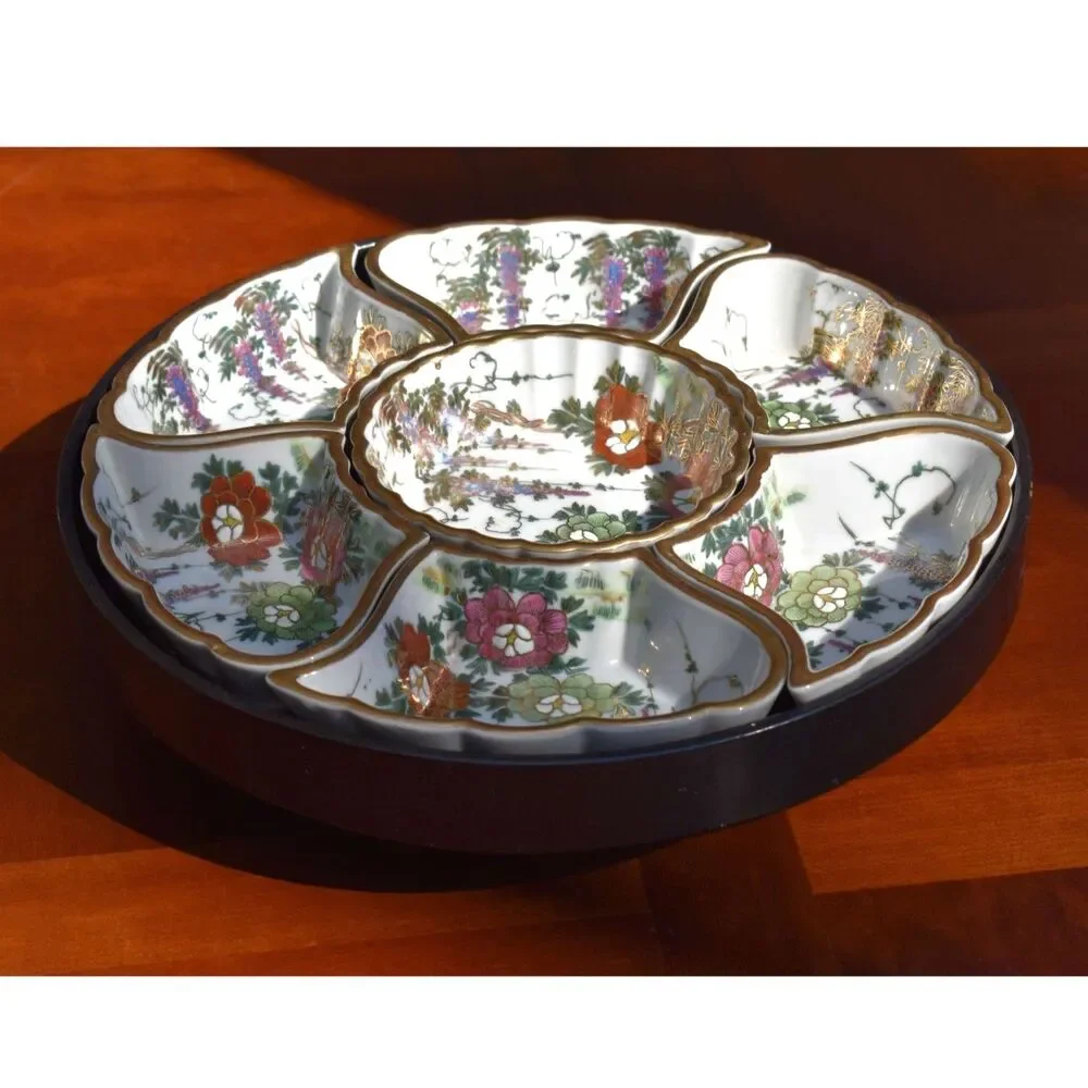 Vintage Japanese 8 Piece Hand-Painted Kutani Floral Lazy Susan Lacquer Base